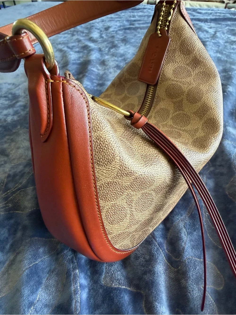 Coach Brown Signature Canvas Hobo with Burnt Orange Leather Trim